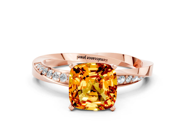 Rose gold Cushion Cut Citrine Engagement Ring with Side Stone Accents and Four-Prong Setting