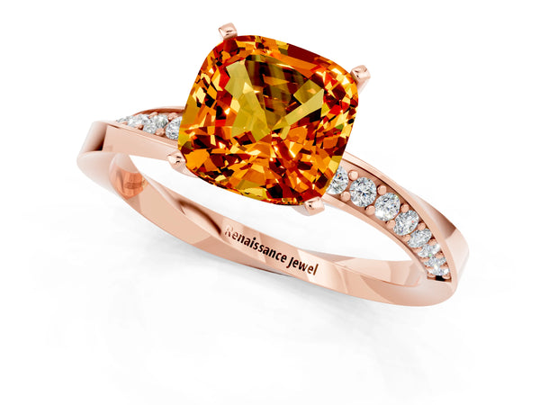 Rose gold Cushion Cut Citrine Engagement Ring with Side Stone Accents and Four-Prong Setting