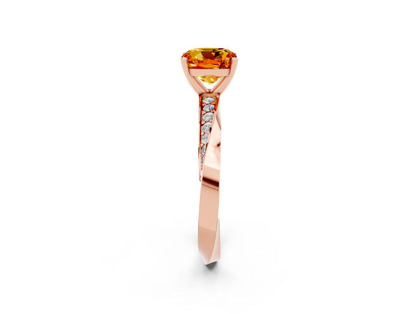 Rose gold Cushion Cut Citrine Engagement Ring with Side Stone Accents and Four-Prong Setting