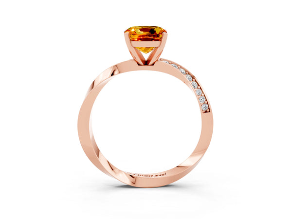 Rose gold Cushion Cut Citrine Engagement Ring with Side Stone Accents and Four-Prong Setting