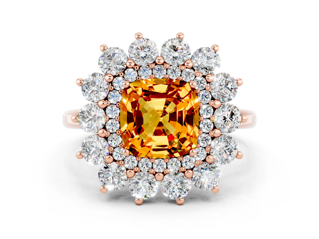 Rose gold Cushion Cut Citrine Floral Double Halo Engagement Ring with Prong Setting_72