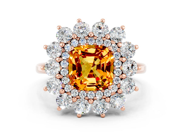 Rose gold Cushion Cut Citrine Floral Double Halo Engagement Ring with Prong Setting