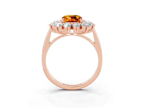 Rose gold Cushion Cut Citrine Floral Double Halo Engagement Ring with Prong Setting