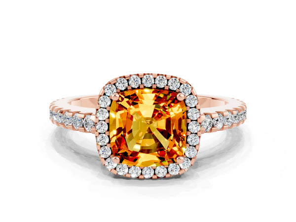 Rose gold Cushion Cut Citrine Halo Engagement Ring with Pavé Band and Prong Setting