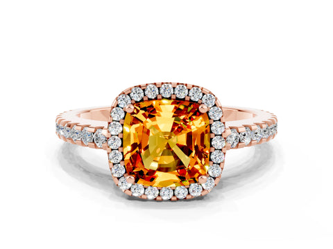 Rose gold Cushion Cut Citrine Halo Engagement Ring with Pavé Band and Prong Setting_12