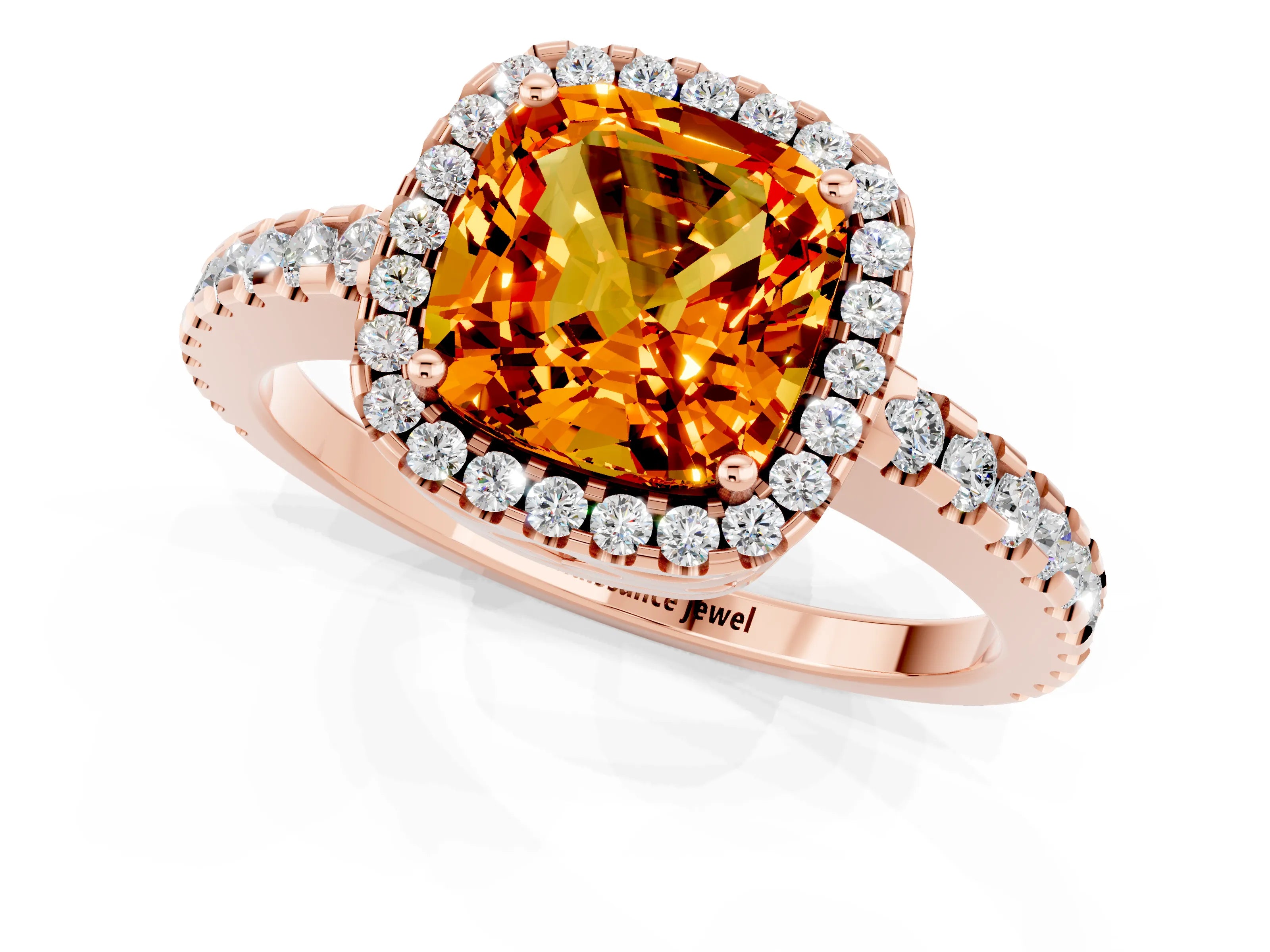 Rose gold Cushion Cut Citrine Halo Engagement Ring with Pavé Band and Prong Setting_13
