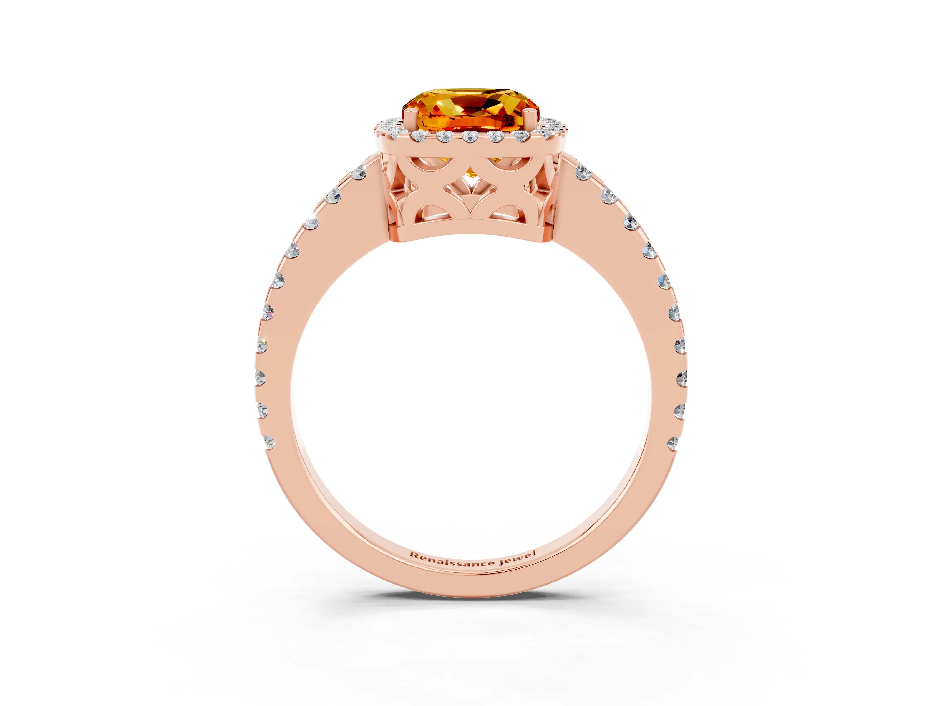 Rose gold Cushion Cut Citrine Halo Engagement Ring with Pavé Band and Prong Setting_15