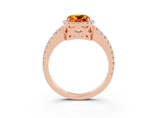 Rose gold Cushion Cut Citrine Halo Engagement Ring with Pavé Band and Prong Setting