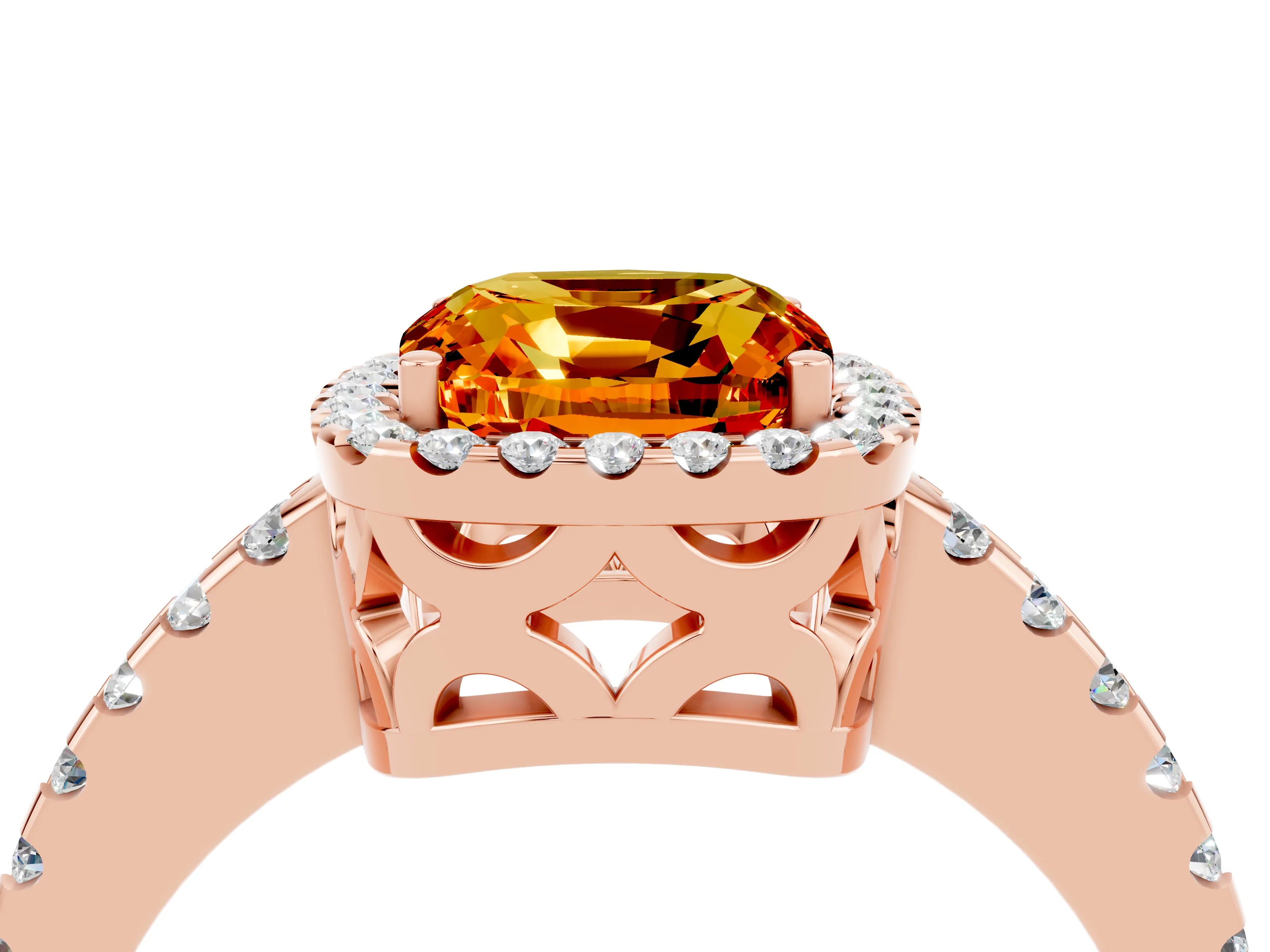 Rose gold Cushion Cut Citrine Halo Engagement Ring with Pavé Band and Prong Setting_16