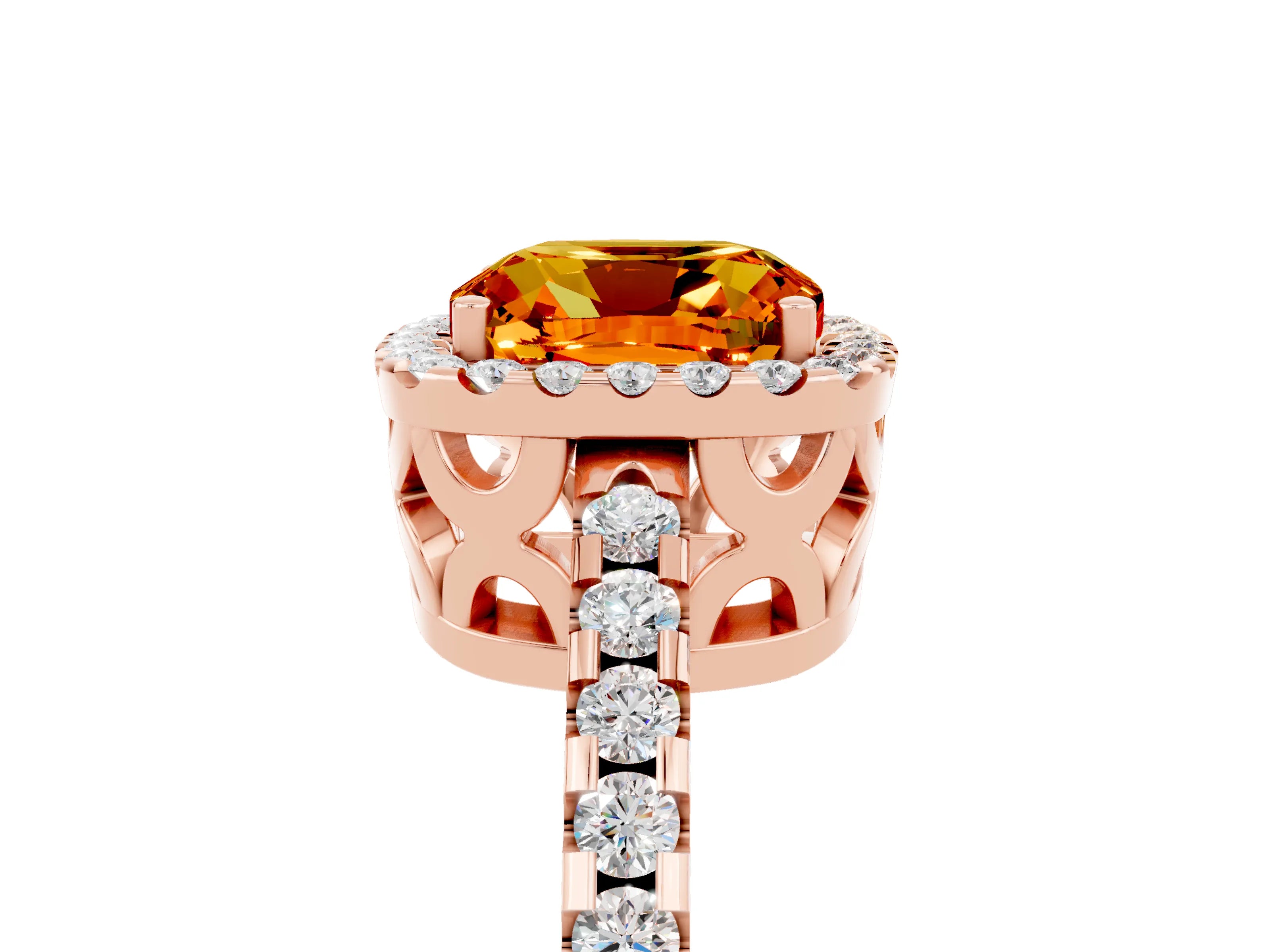 Rose gold Cushion Cut Citrine Halo Engagement Ring with Pavé Band and Prong Setting_17