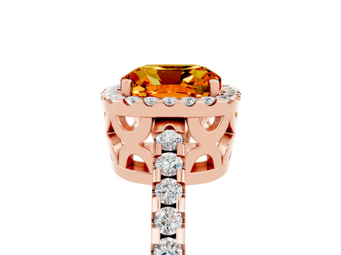 Rose gold Cushion Cut Citrine Halo Engagement Ring with Pavé Band and Prong Setting_17