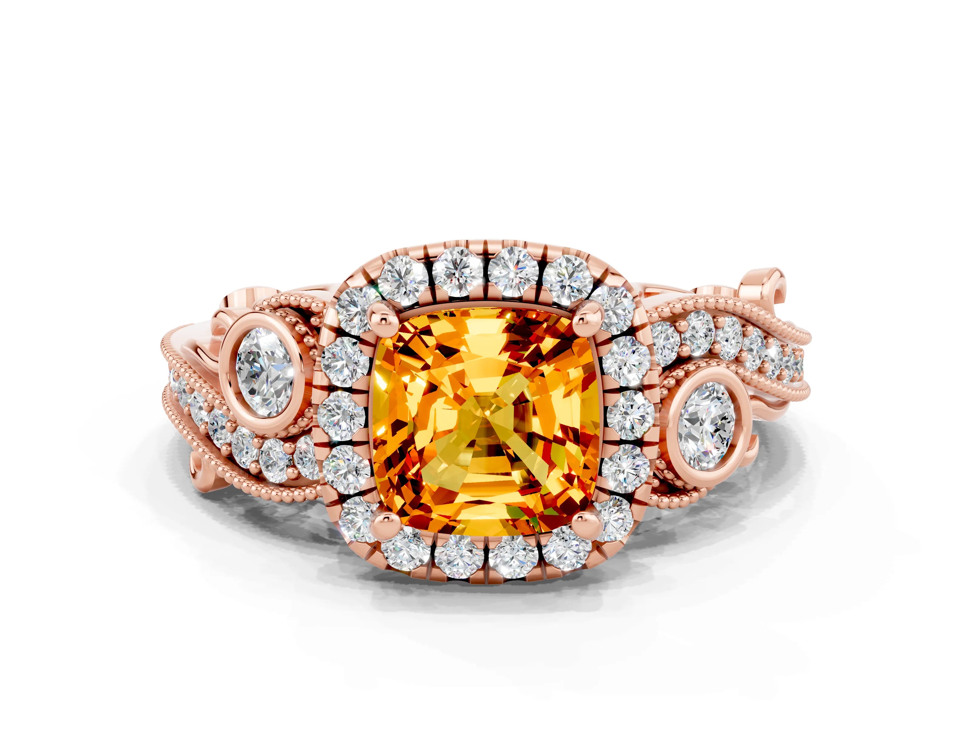Rose gold Cushion Cut Citrine Halo Ring with Milgrain Pavé Band and Four-Prong Setting_12