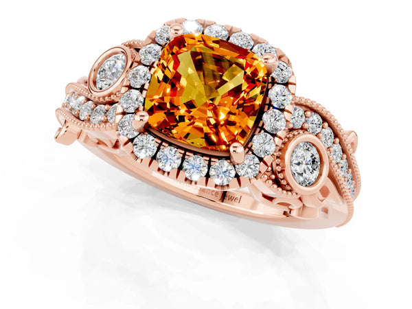 Rose gold Cushion Cut Citrine Halo Ring with Milgrain Pavé Band and Four-Prong Setting