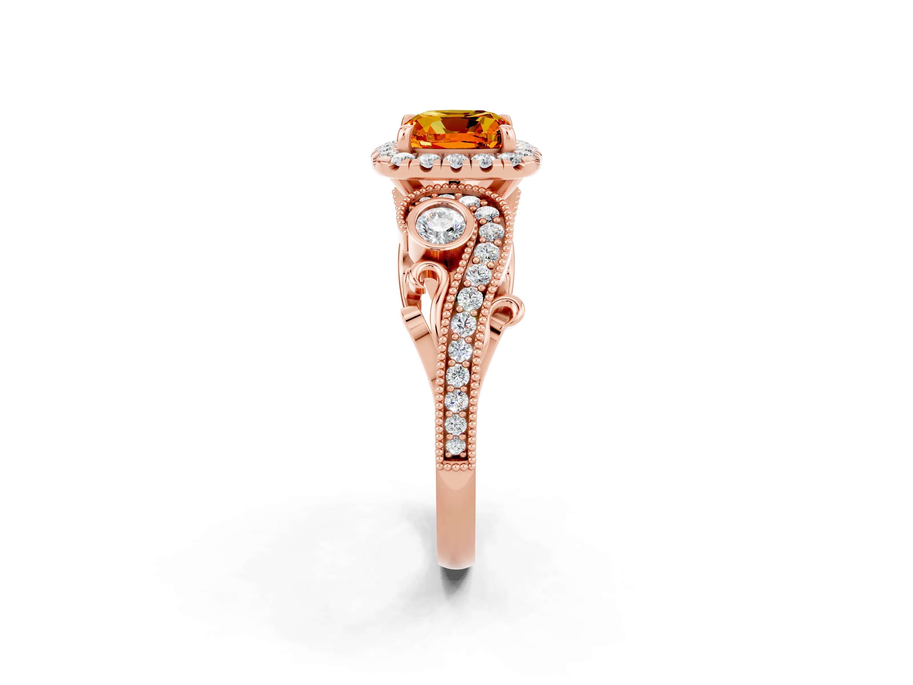 Rose gold Cushion Cut Citrine Halo Ring with Milgrain Pavé Band and Four-Prong Setting_14