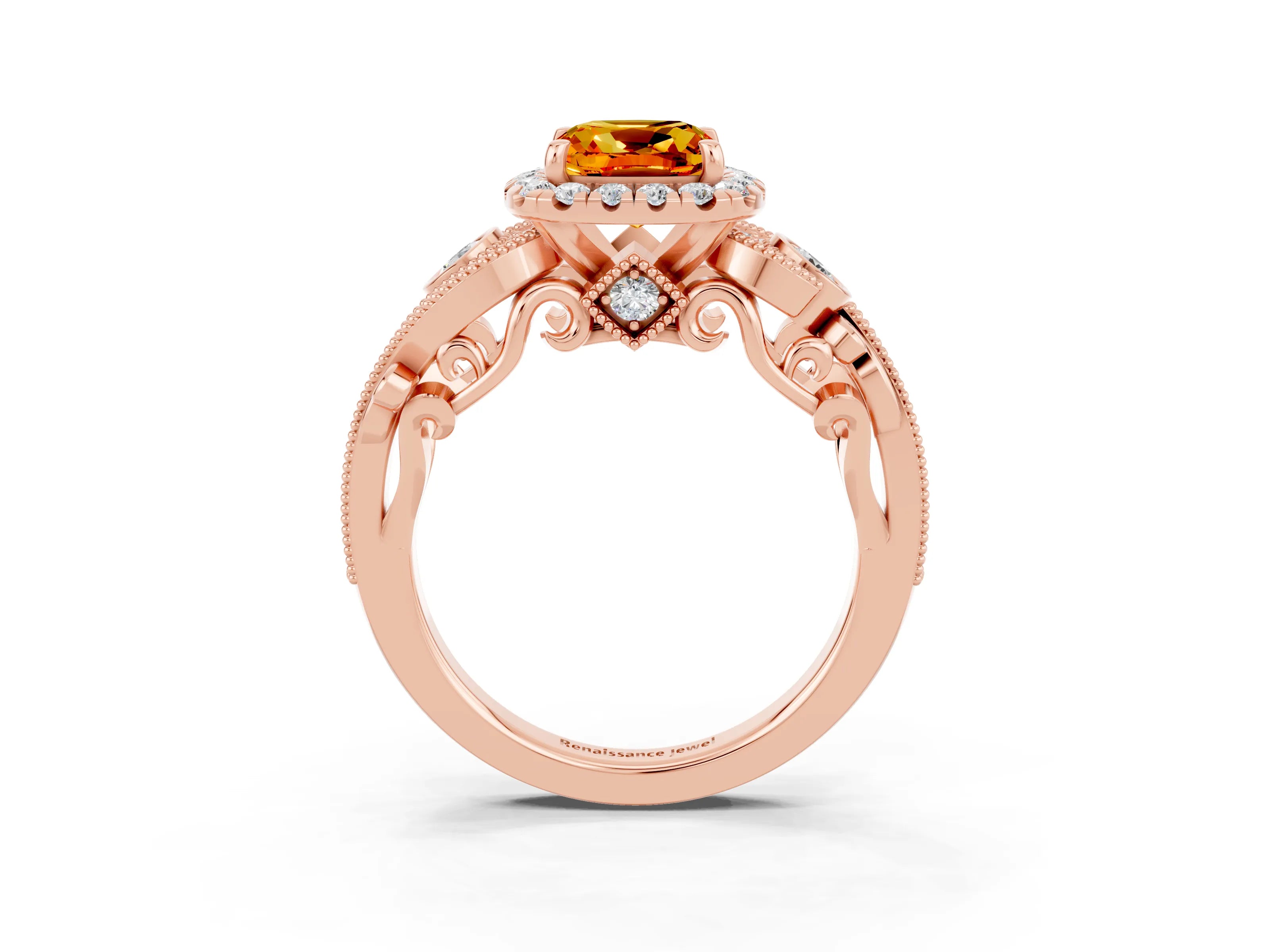 Rose gold Cushion Cut Citrine Halo Ring with Milgrain Pavé Band and Four-Prong Setting_15
