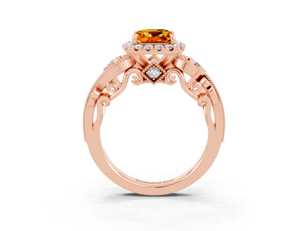 Rose gold Cushion Cut Citrine Halo Ring with Milgrain Pavé Band and Four-Prong Setting
