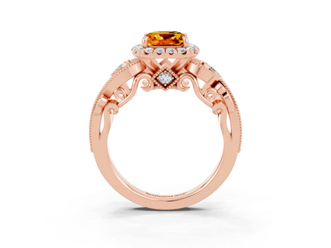 Rose gold Cushion Cut Citrine Halo Ring with Milgrain Pavé Band and Four-Prong Setting_15