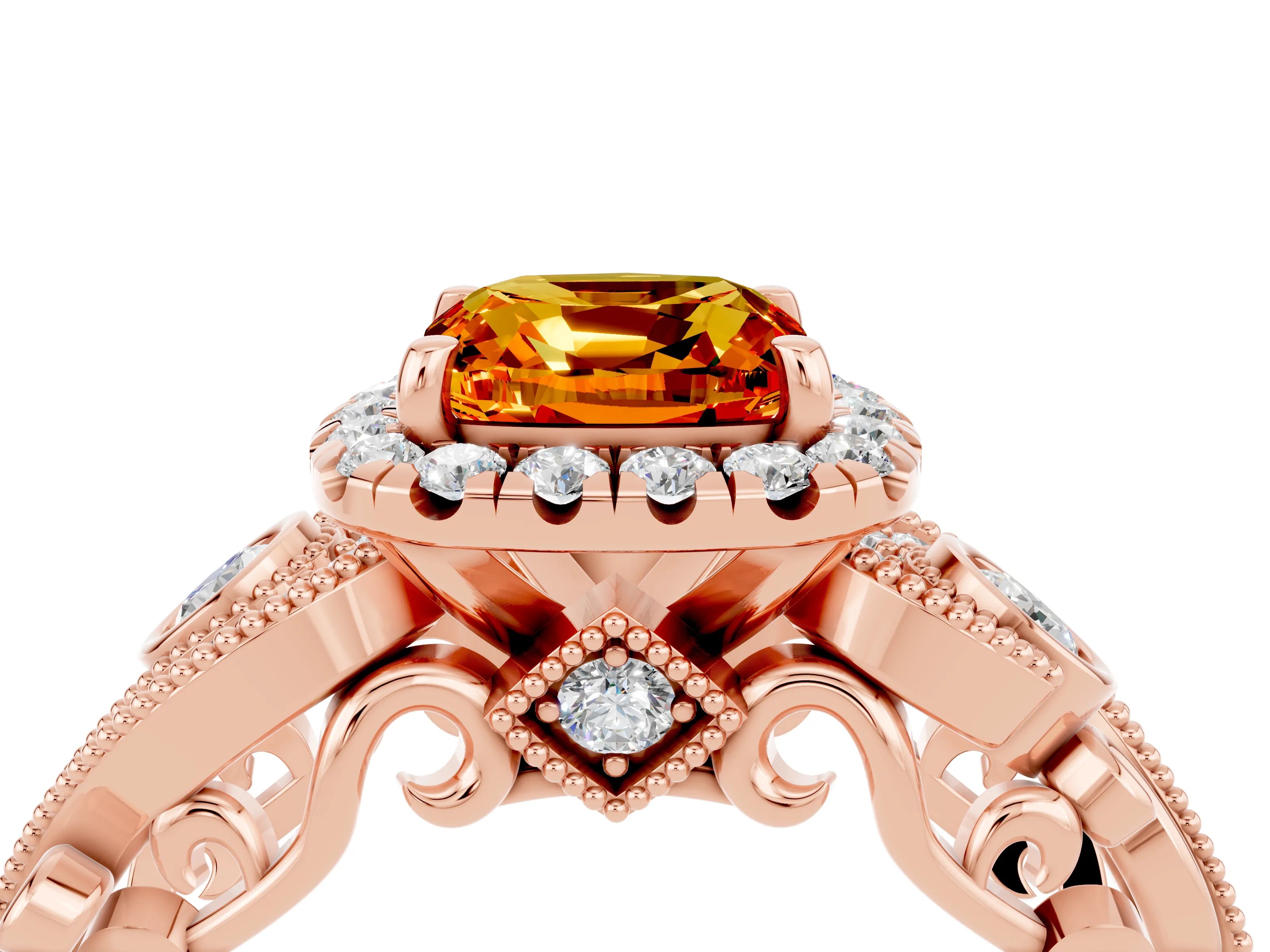 Rose gold Cushion Cut Citrine Halo Ring with Milgrain Pavé Band and Four-Prong Setting_16