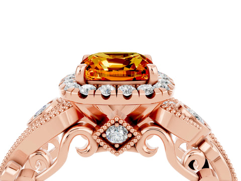 Rose gold Cushion Cut Citrine Halo Ring with Milgrain Pavé Band and Four-Prong Setting_16