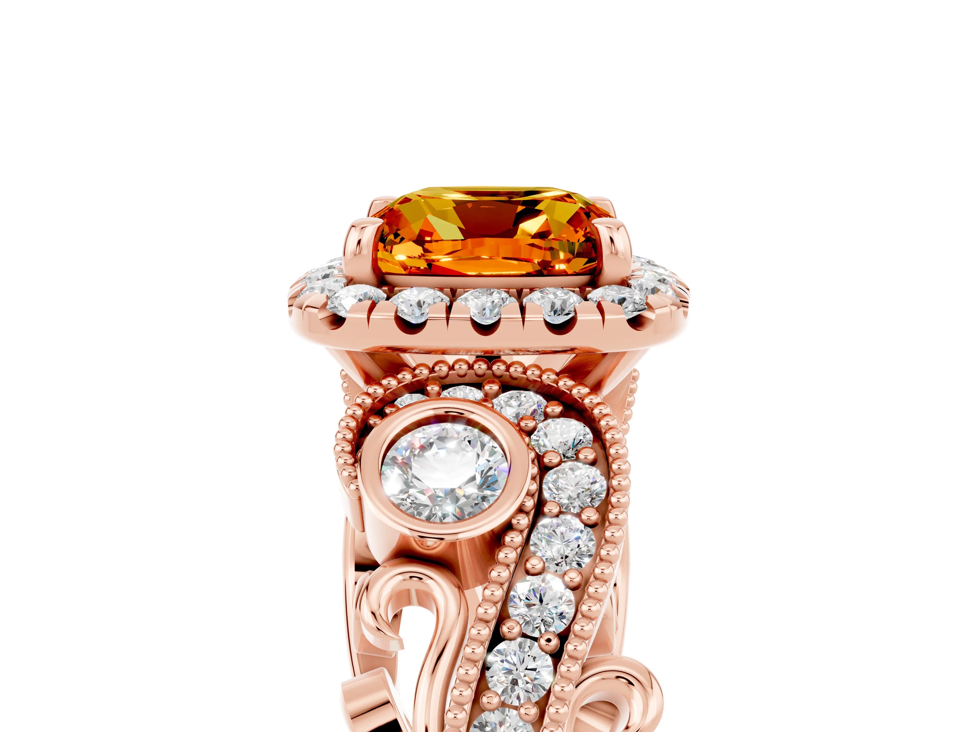 Rose gold Cushion Cut Citrine Halo Ring with Milgrain Pavé Band and Four-Prong Setting_17
