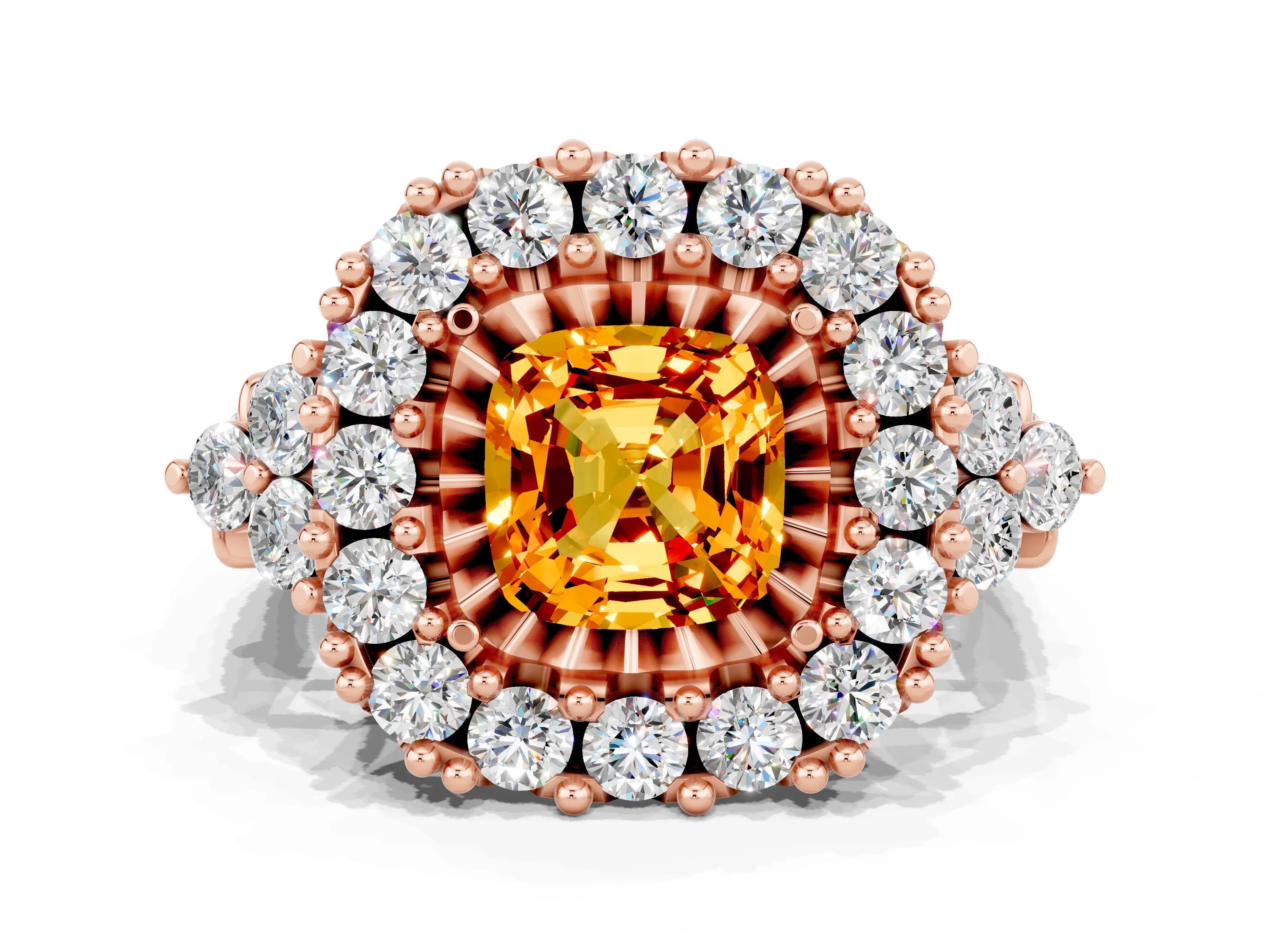 Rose gold Cushion Cut Citrine Halo Ring with Pavé Band and Four-Prong Setting_12