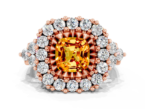 Rose gold Cushion Cut Citrine Halo Ring with Pavé Band and Four-Prong Setting