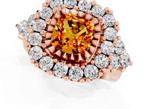 Rose gold Cushion Cut Citrine Halo Ring with Pavé Band and Four-Prong Setting_13