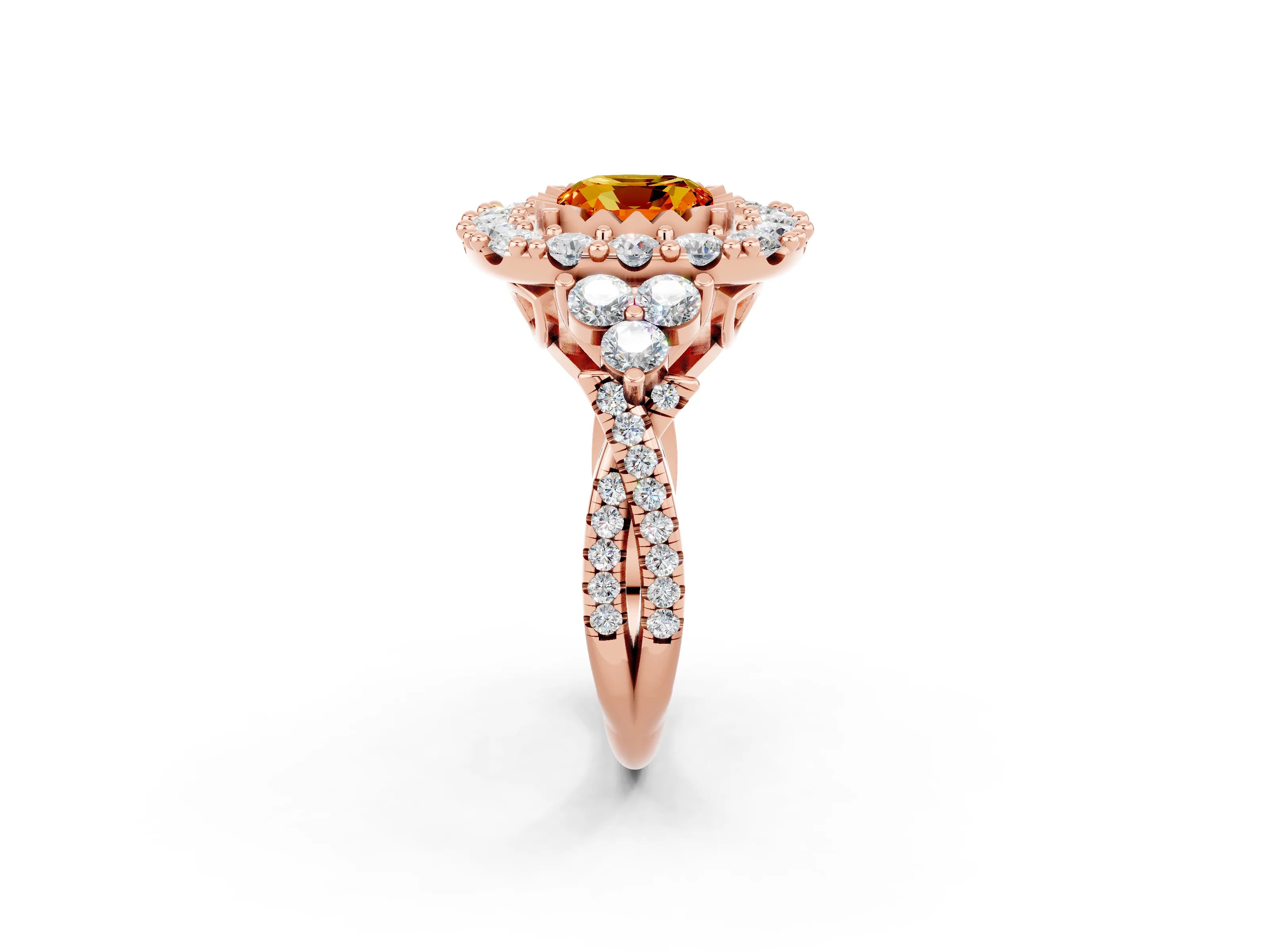 Rose gold Cushion Cut Citrine Halo Ring with Pavé Band and Four-Prong Setting_14