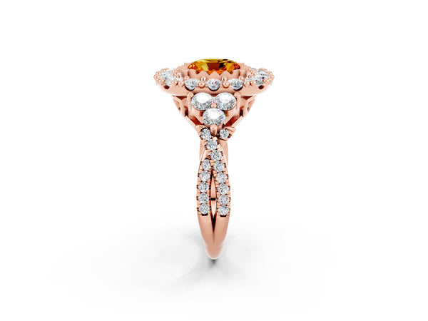 Rose gold Cushion Cut Citrine Halo Ring with Pavé Band and Four-Prong Setting