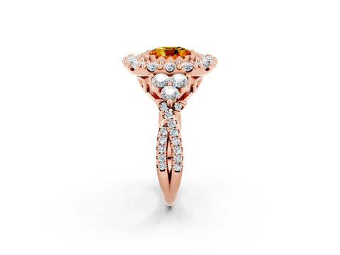 Rose gold Cushion Cut Citrine Halo Ring with Pavé Band and Four-Prong Setting_14