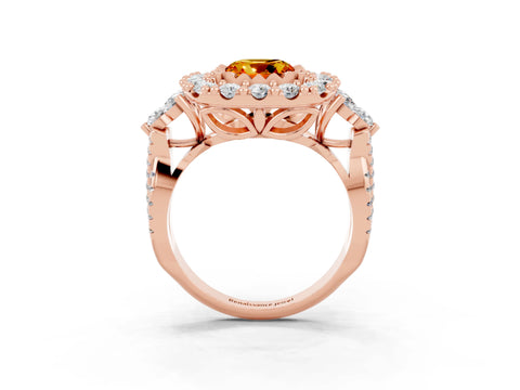 Rose gold Cushion Cut Citrine Halo Ring with Pavé Band and Four-Prong Setting_15