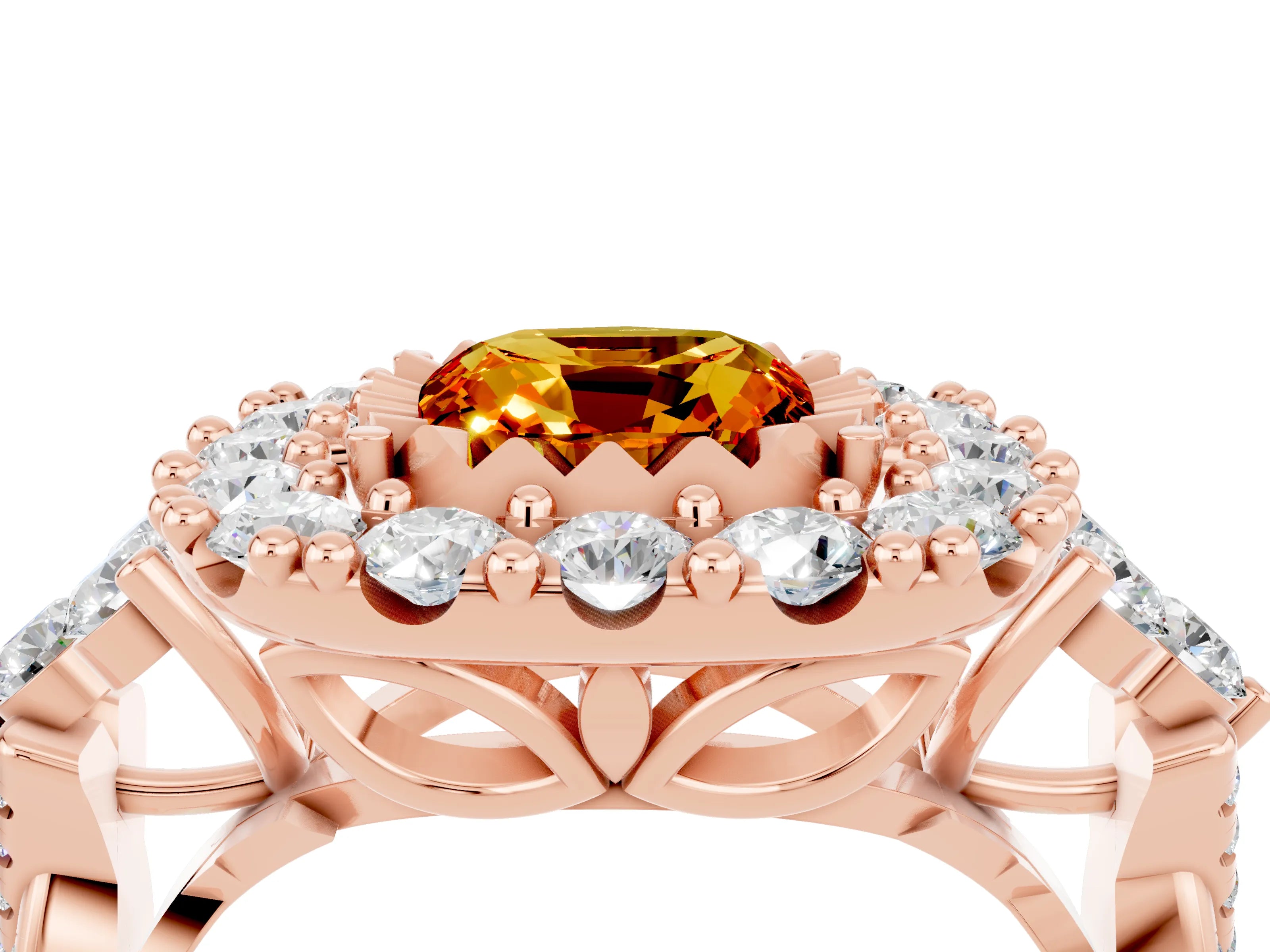 Rose gold Cushion Cut Citrine Halo Ring with Pavé Band and Four-Prong Setting_16