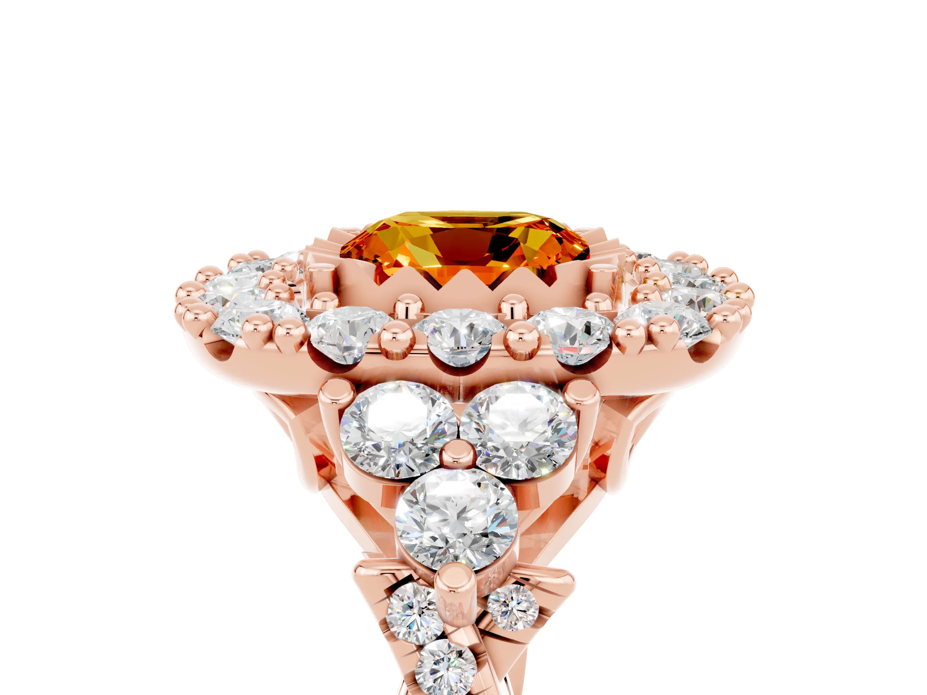 Rose gold Cushion Cut Citrine Halo Ring with Pavé Band and Four-Prong Setting_17
