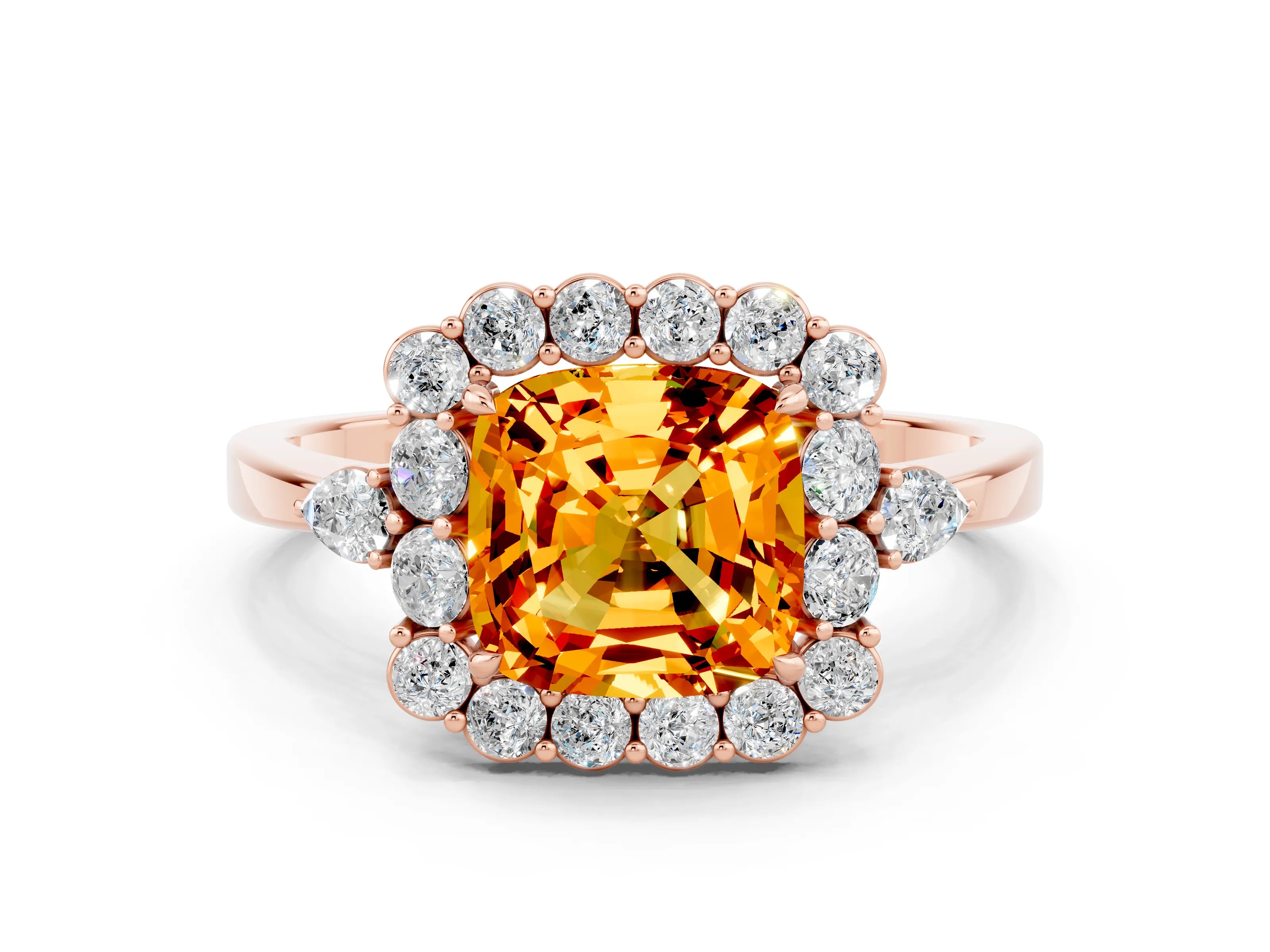 Rose gold Cushion Cut Citrine Halo Ring with Pear Side Stones and Prong Setting_12