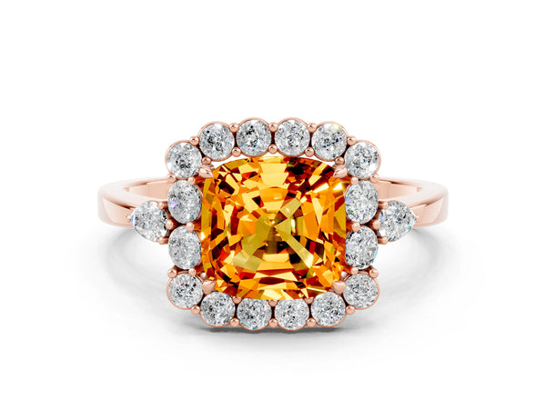 Rose gold Cushion Cut Citrine Halo Ring with Pear Side Stones and Prong Setting