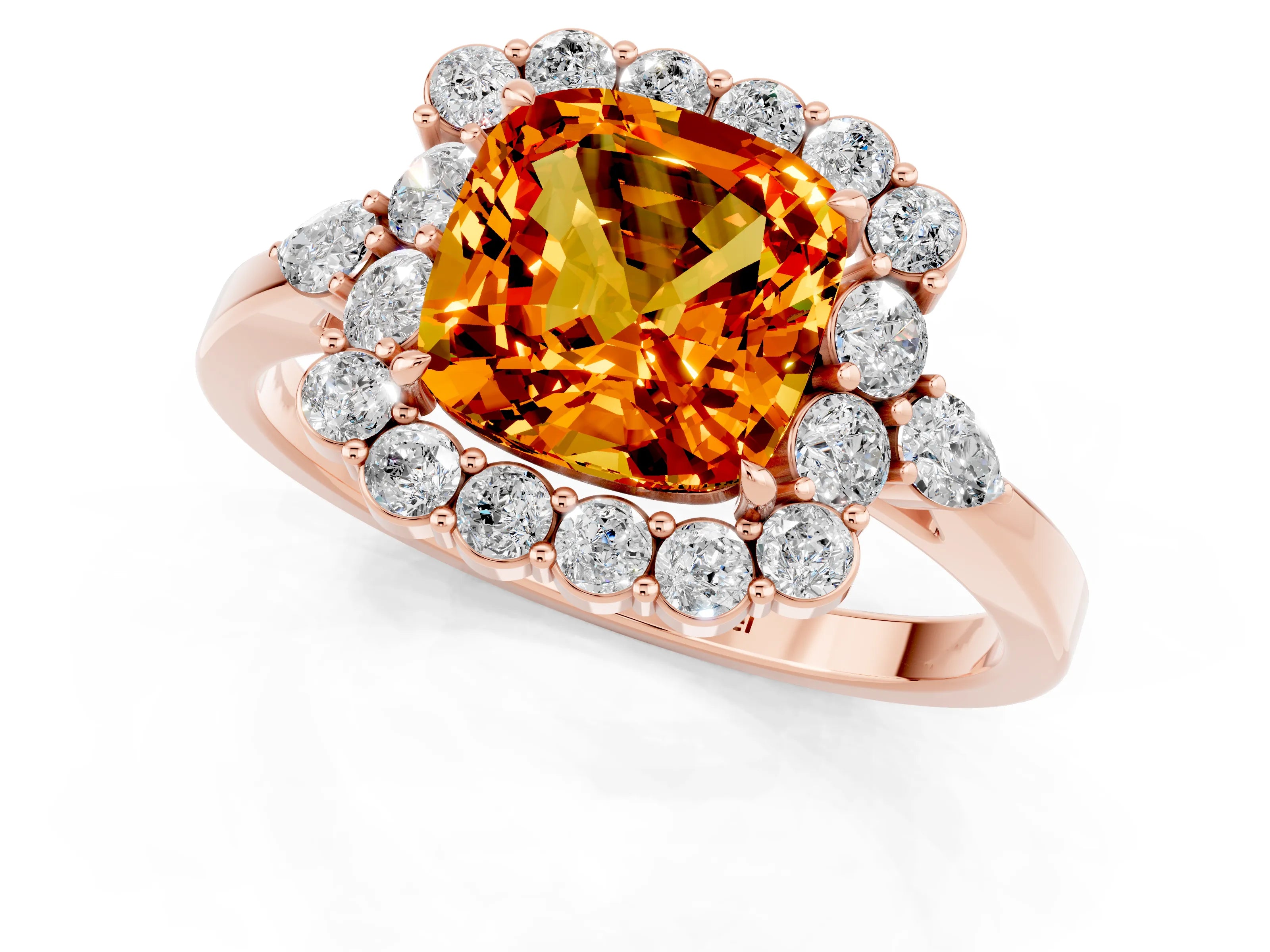 Rose gold Cushion Cut Citrine Halo Ring with Pear Side Stones and Prong Setting_13