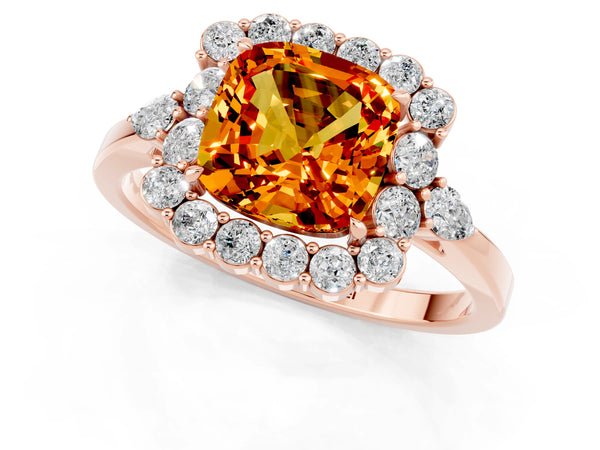 Rose gold Cushion Cut Citrine Halo Ring with Pear Side Stones and Prong Setting