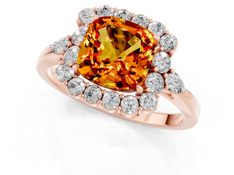Rose gold Cushion Cut Citrine Halo Ring with Pear Side Stones and Prong Setting_13