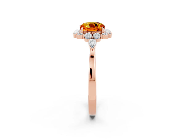 Rose gold Cushion Cut Citrine Halo Ring with Pear Side Stones and Prong Setting
