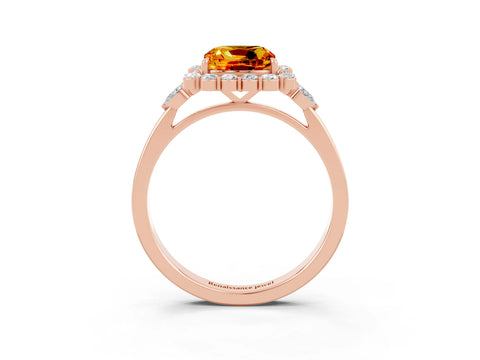 Rose gold Cushion Cut Citrine Halo Ring with Pear Side Stones and Prong Setting_15