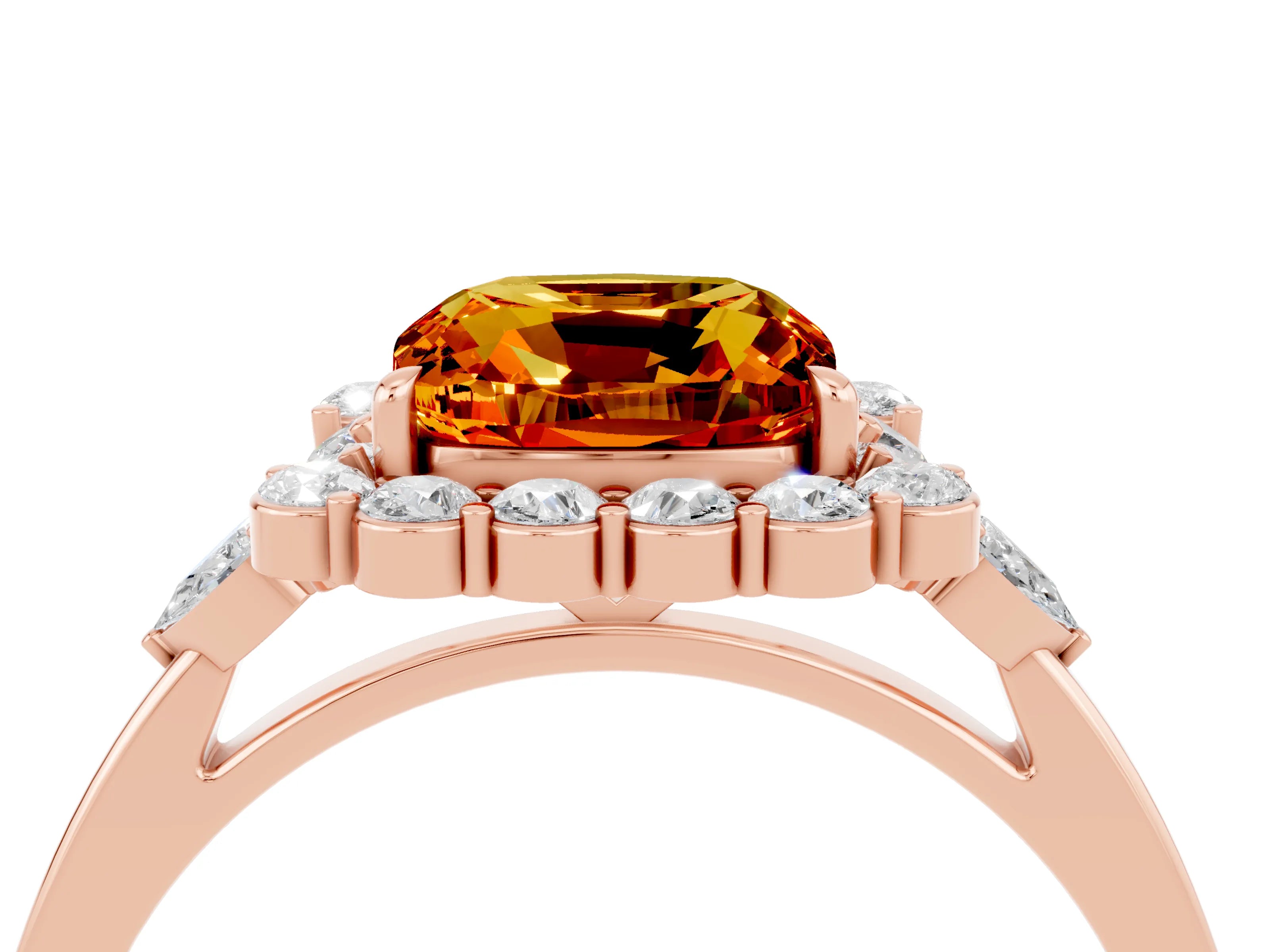 Rose gold Cushion Cut Citrine Halo Ring with Pear Side Stones and Prong Setting_16