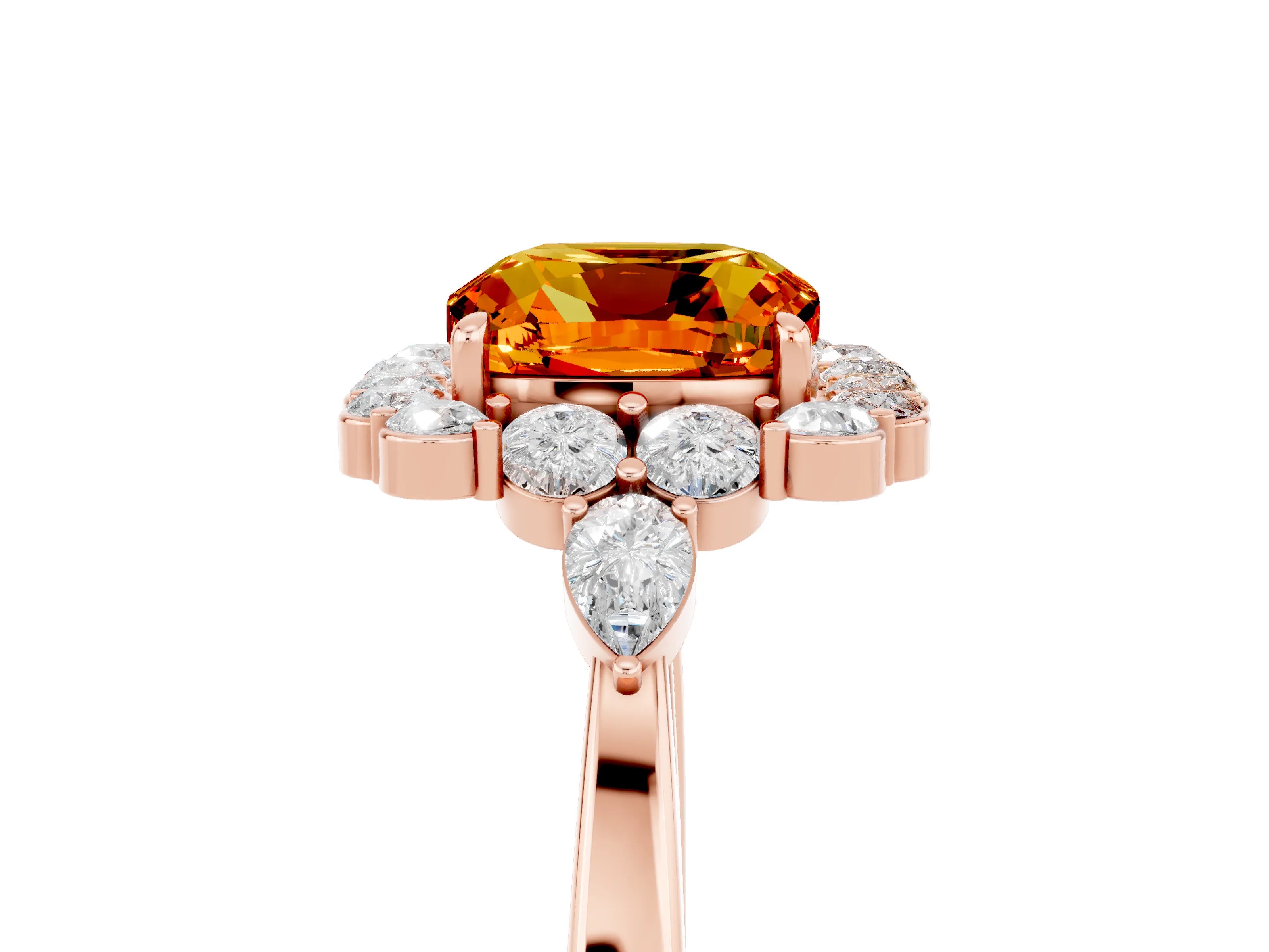 Rose gold Cushion Cut Citrine Halo Ring with Pear Side Stones and Prong Setting_17