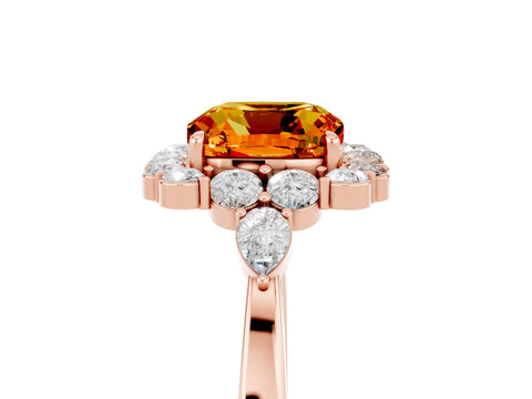 Rose gold Cushion Cut Citrine Halo Ring with Pear Side Stones and Prong Setting_17