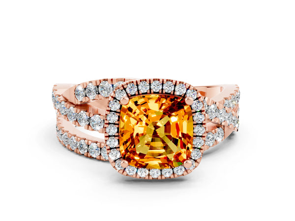 Rose gold Cushion Cut Citrine Halo Ring with Round Split Shank and Prong Setting