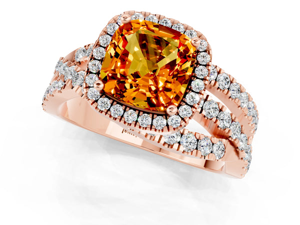 Rose gold Cushion Cut Citrine Halo Ring with Round Split Shank and Prong Setting