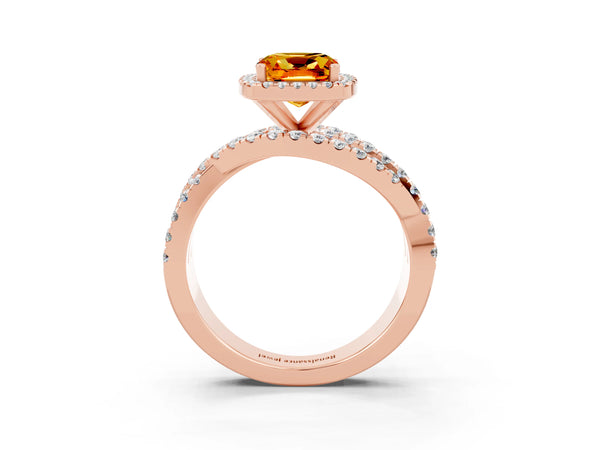 Rose gold Cushion Cut Citrine Halo Ring with Round Split Shank and Prong Setting