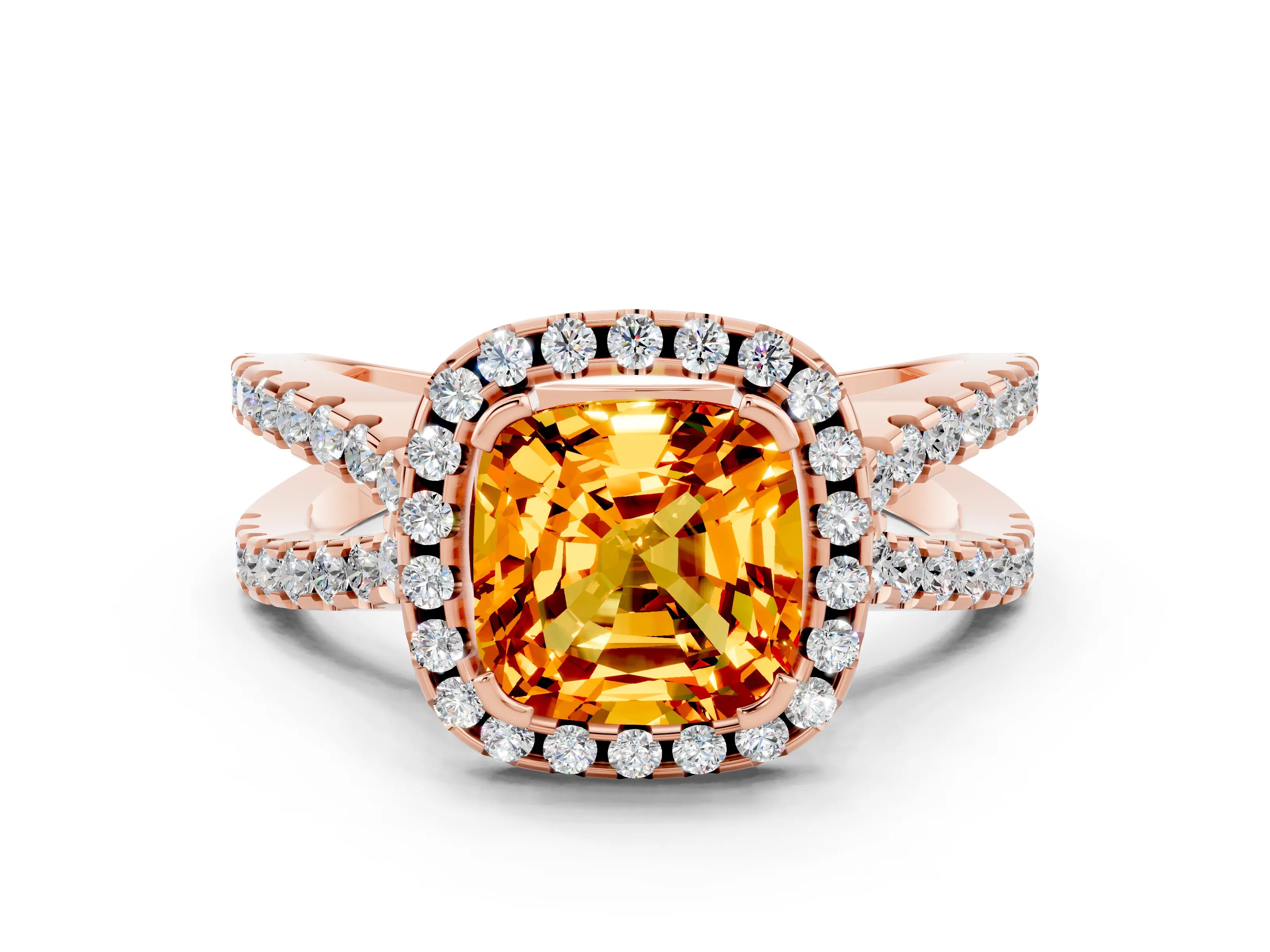 Rose gold Cushion Cut Citrine Halo Ring with Split Shank Pavé Band and Prong Setting
