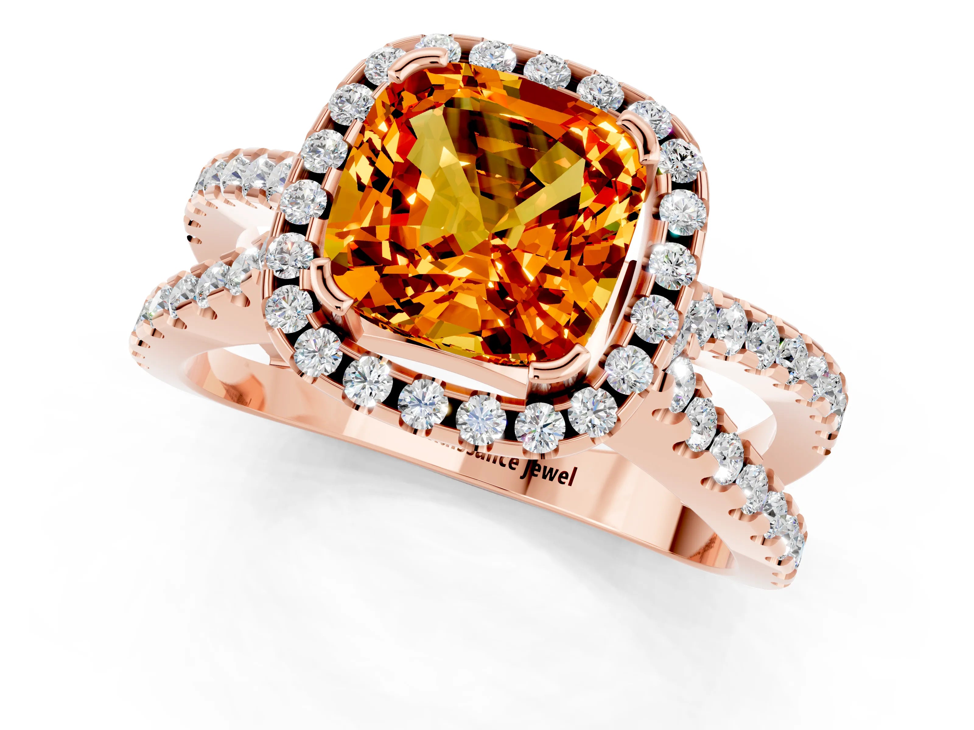 Rose gold Cushion Cut Citrine Halo Ring with Split Shank Pavé Band and Prong Setting_1
