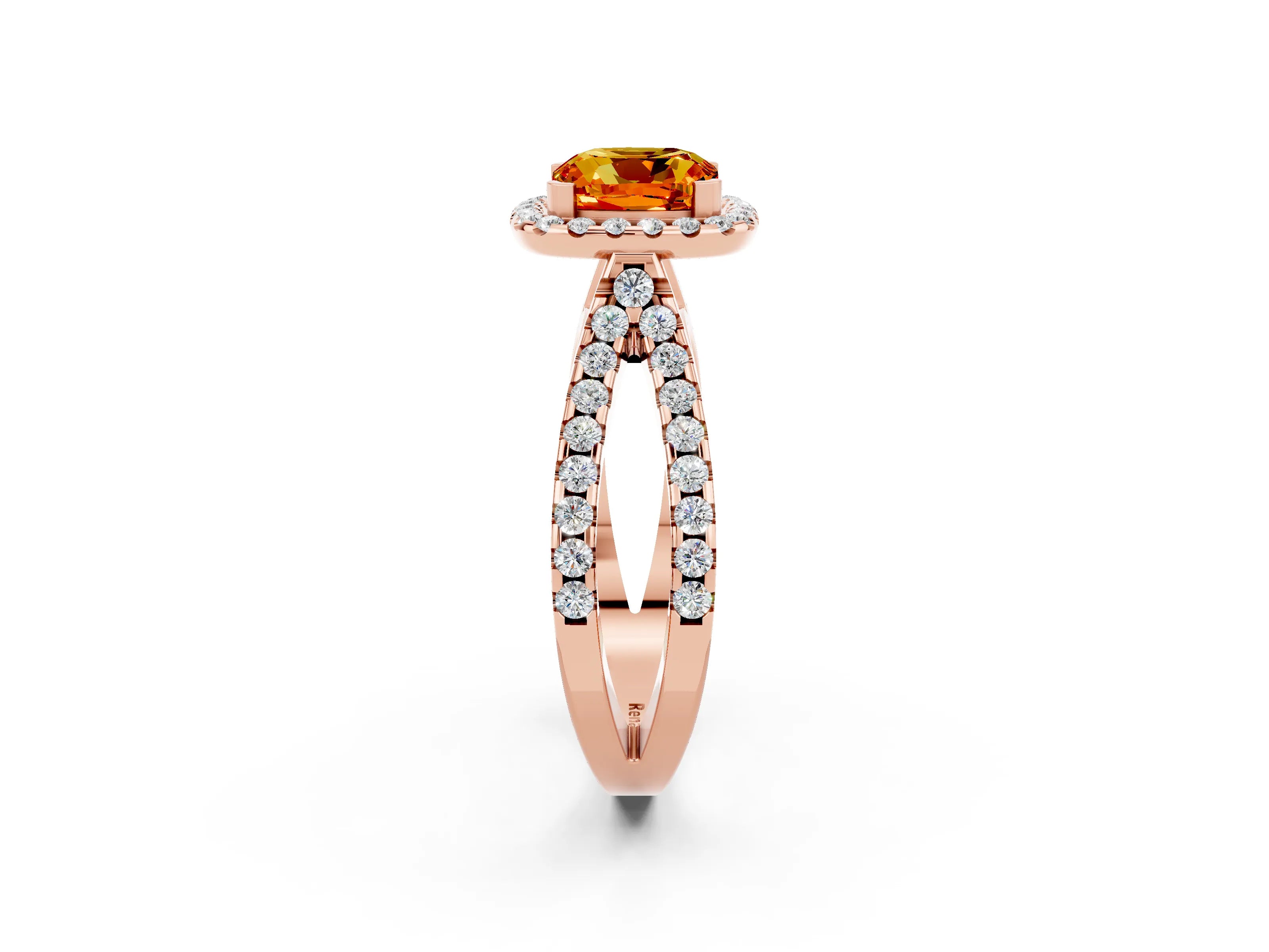 Rose gold Cushion Cut Citrine Halo Ring with Split Shank Pavé Band and Prong Setting_2