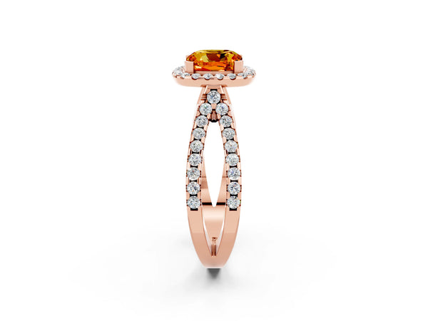 Rose gold Cushion Cut Citrine Halo Ring with Split Shank Pavé Band and Prong Setting